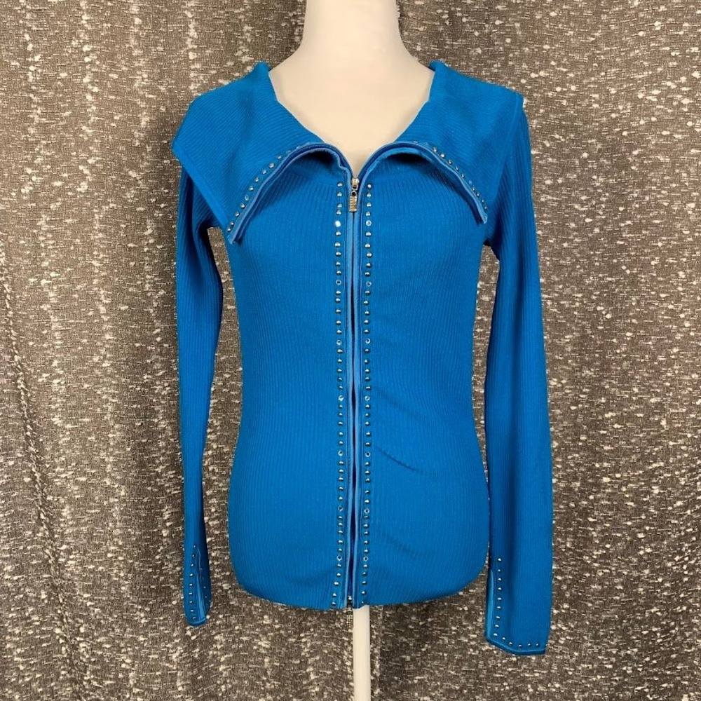 VTG Cache Blue Zip-Up Off Shoulder Sweater ASO Gabrielle Solis Y2K 90s Beaded S